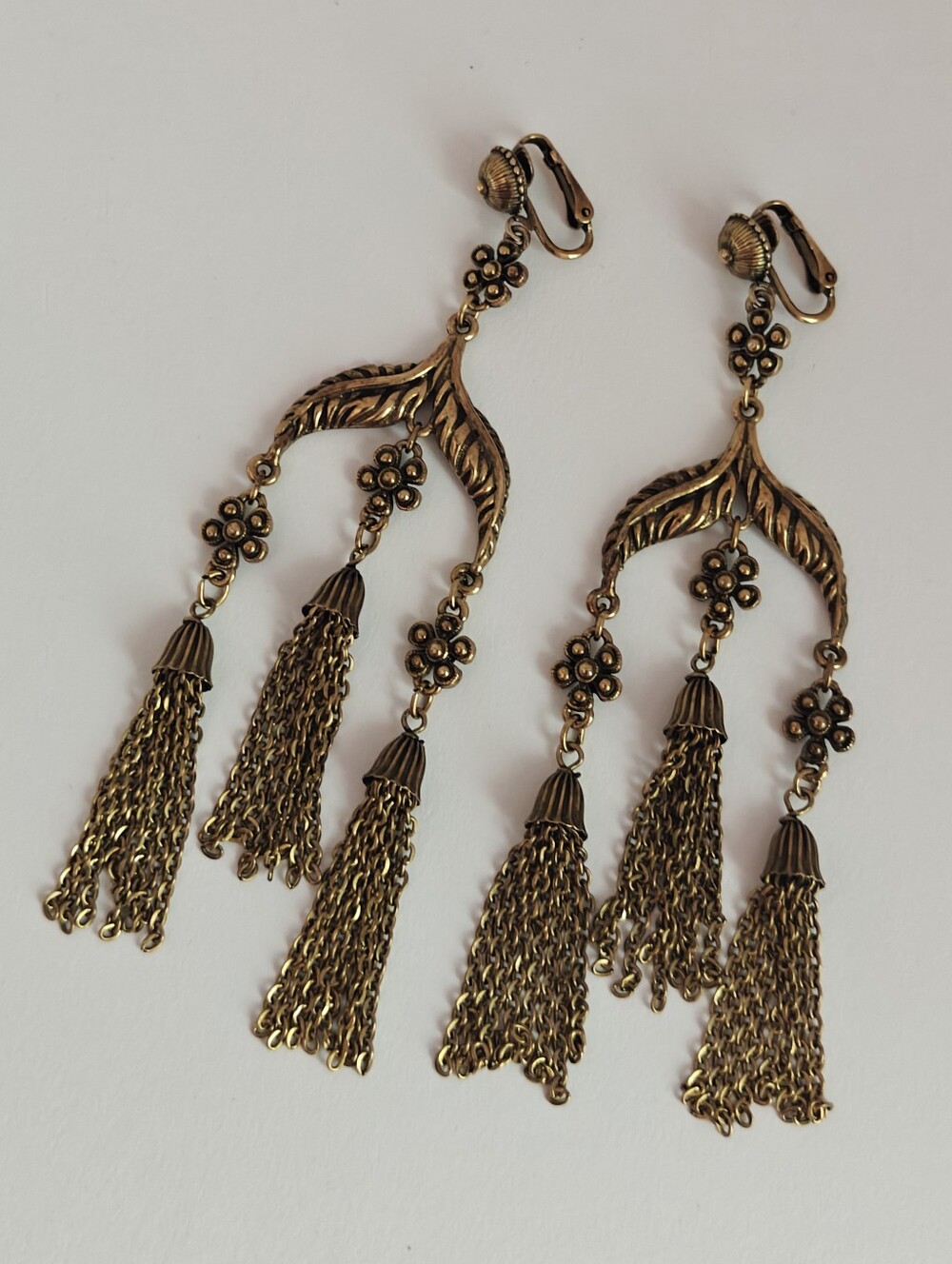 Vintage Etruscan Revival D'orlan Antiqued Brass Tassel Chains Earrings